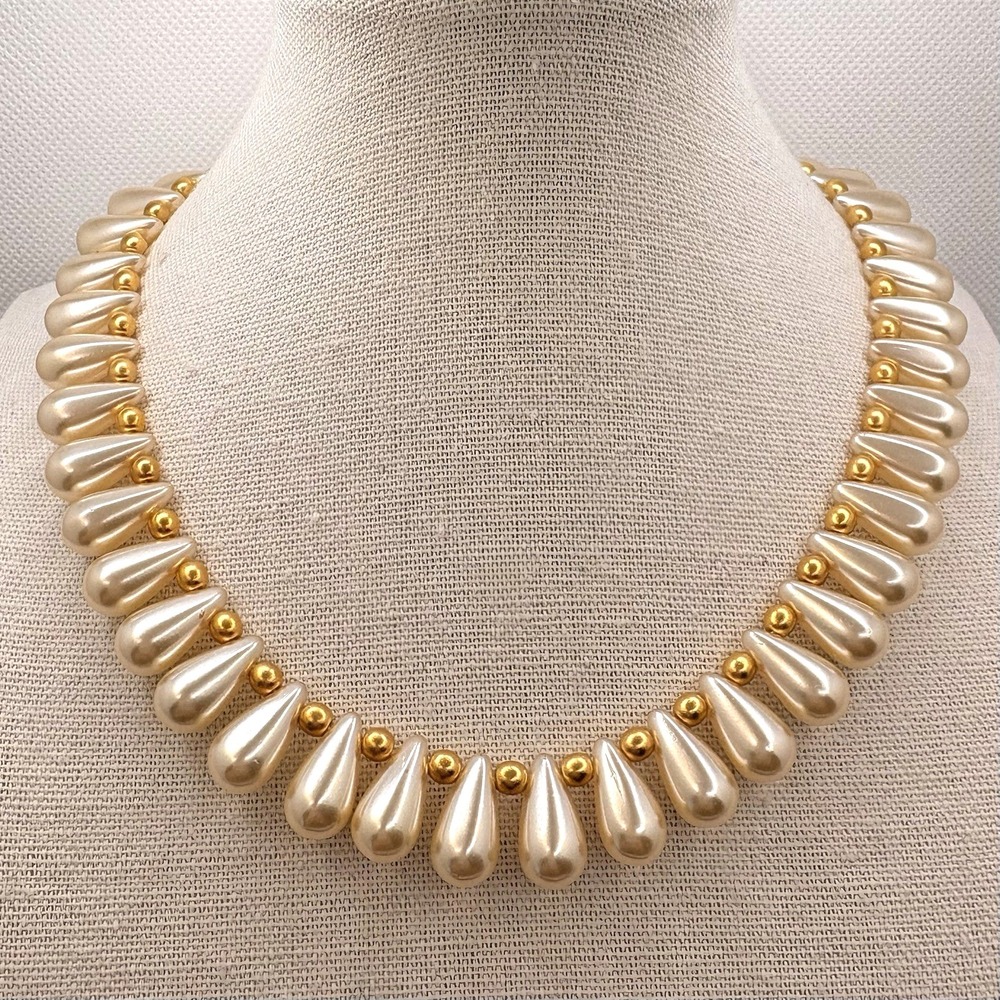 Vintage Joan Rivers Glass Teardrop Faux Pearl Necklace Bib Choker Classic Glam